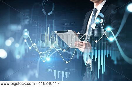 Office Man Using Digital Tablet, Stock Market Changes, Business Graph Bar Chart. Double Exposure Of 