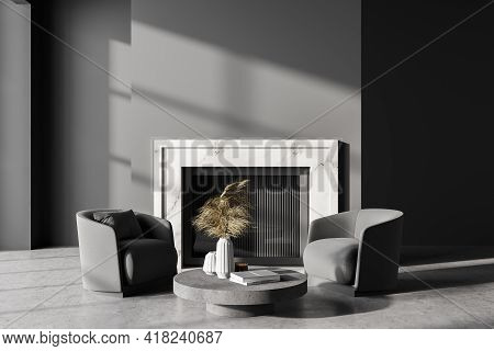 Dark Living Room Interior With Two Grey Armchairs And Marble Fireplace, Grey Concrete Floor. Mockup 