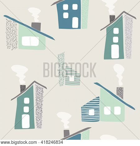 Seamless Childish Pattern With Hand Drawn Houses. Creative Kids City Texture For Fabric, Wrapping, T