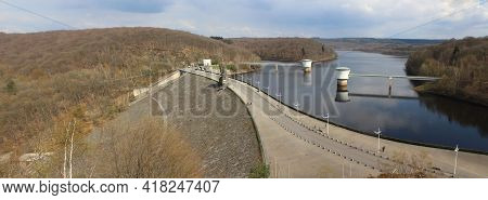 Panoramic View Of The Gileppe Dam And Gileppe Lake Near Jalhay In Wallonia, Belgium. The Arch Gravit