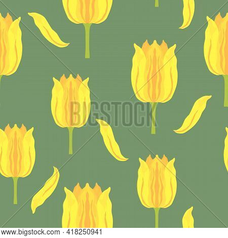 Seamless Pattern With Vibrant Yellow And Orange Varietal Tulips. Tulips Colorful Heads On The Green 