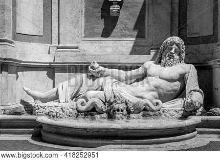 Rome, Italy - Circa August 2020: Famous Greek Sculpture Of Ocean God, Named Marforio. Classic Mythol