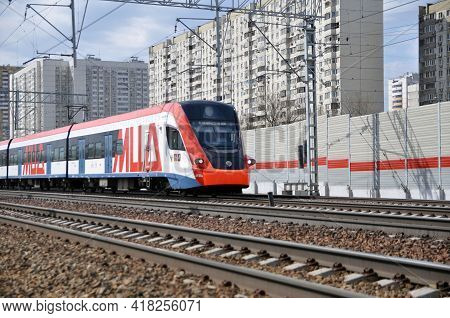 April 18, 2021 - Moscow, Russia: Modern High-speed Passenger Rail Transport. The Ivolga Train Of The