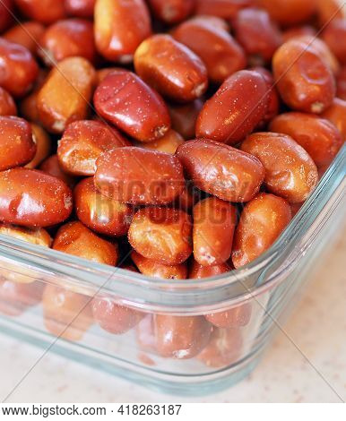 Large Amount Of Ripe Oleaster Fruits, Oleaster Fruits In A Glass Bowl,