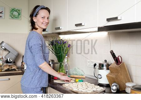 Portrait Young Adult Brunette Caucasian Woman Making Dough With Roller Pin For Sweet Tasty Homemade 