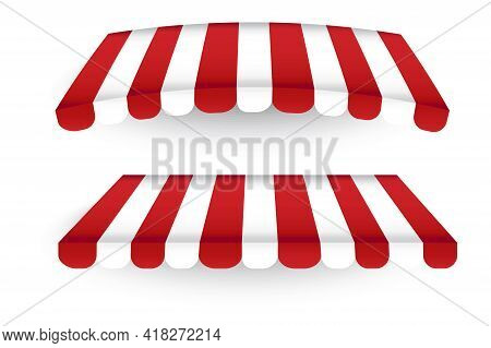 Red White Pavilion Roof In Realistic Style. Two Roofs Of A Commercial Tent. Trade Symbol. Vector Ill