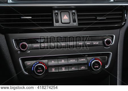 Novosibirsk, Russia - April 25 2021: Kia Optima, Close Up Of  Car Panel With The Air Conditioning Bu