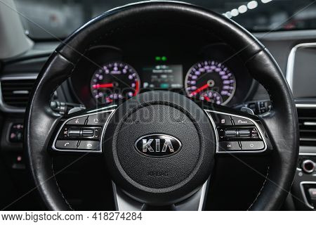 Novosibirsk, Russia - April 25 2021: Kia Optima, Auto Interior: Steering Wheel With  Logo    And  Sp