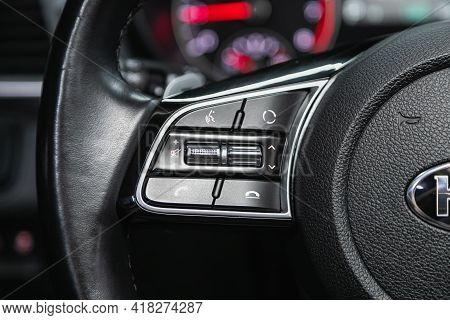 Novosibirsk, Russia - April 25 2021: Kia Optima, Black Steering Wheel With Multifunction Buttons For