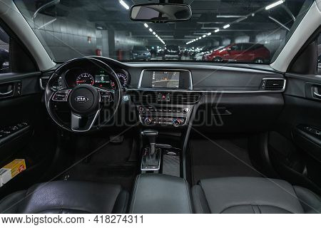 Novosibirsk, Russia - April 25 2021: Kia Optima, Steering Wheel, Shift Lever And Dashboard, Climate 