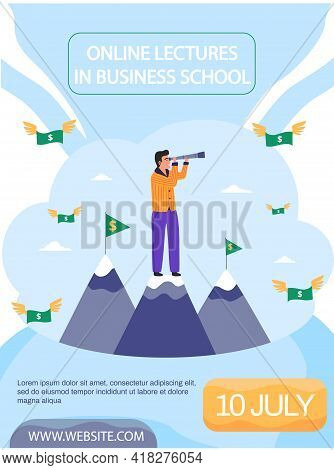 Businessman Standing On Top Of Mountain With Spyglass Is Looking For Success. Investment, Innovation