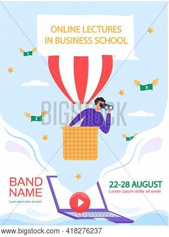 Businessman With Binoculars In Hot Air Balloon Looking For Success. Investment, Innovation, Business