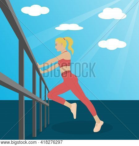 Young Girl In Fitness Sportswear Outdoor Playing Sports. Fitness Girl Vector. Sports Stretching Outd