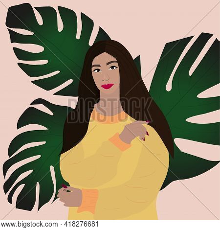 Beautiful Woman With Long Hair Surrounded By Tropical Leaves
