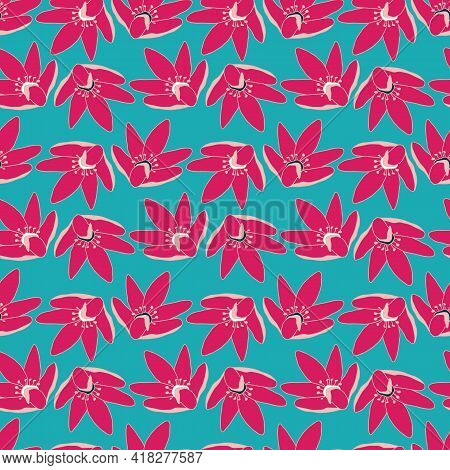 Blossoming Wild Flowers Seamless Pattern On Turquoise Print