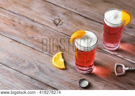 Grapefruit Or Cherry Radler, Citrus Beer Cocktail. Refreshing Fruit Beer Drink, Copy Space.