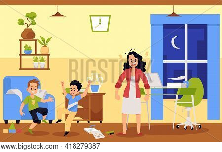 Mother Trying To Work From Home Is Angry At Unruly Kids Creating Chaos And Noise