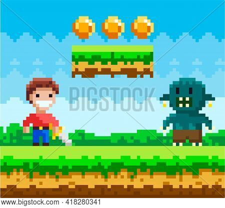 Brave Man With Steel Sword Fighting Against Pixel Monster. Zombie Attacks Human, Apocalypse. Meadow 