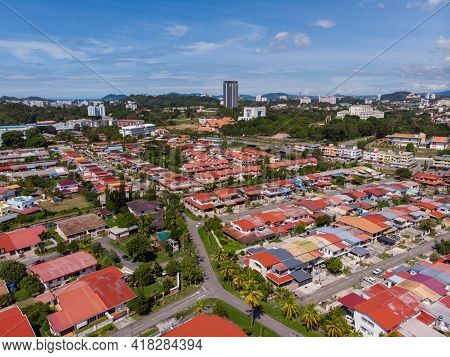Aerial View Image Of Chinese Temple Peak Nam Toong Pagoda Located In The City Of Kota Kinabalu, Saba