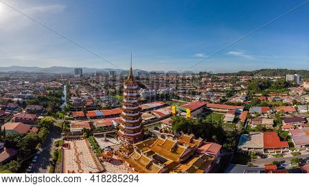 Aerial View Image Of Chinese Temple Peak Nam Toong Pagoda Located In The City Of Kota Kinabalu, Saba