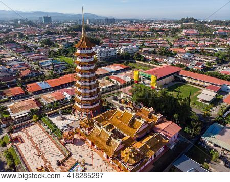 Aerial View Image Of Chinese Temple Peak Nam Toong Pagoda Located In The City Of Kota Kinabalu, Saba