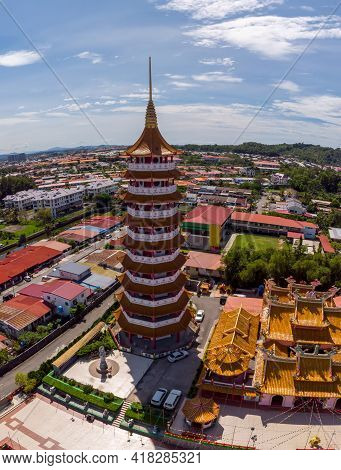 Aerial View Image Of Chinese Temple Peak Nam Toong Pagoda Located In The City Of Kota Kinabalu, Saba