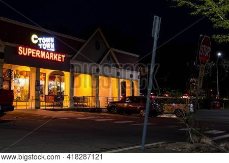 NORWALK, CT, USA - APRIL 24, 2021: C Town supermarket  with evening lights