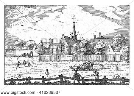 View of the Leper House in Haarlem, with some figures and a cart on a country road in the foreground. Behind a fence the leper house and the church.