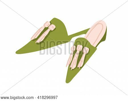 Pair Of Women Pointed Toe Slippers Isolated On White. Home Backless Shoes With Tassels. Elegant Fema