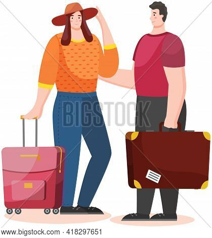 Travelling Couple Going To Go On Vacation. People Travelers, Tourists With Travel Bag And Suitcase O