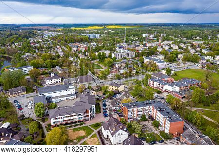 View From Above Of The Dobele City, City Center Buildings, Streets And Parks, Zemgale Region, Latvia
