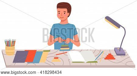 Young Male Character Doing Diy. Kid Spends Time Creatively In Apartment. Creative Pastime At Home. B