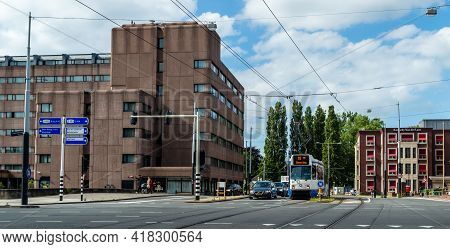 Amsterdam, The Netherlands - June 9, 2020 Tram Line 19 At The Crossing With The Haarlemmerweg And Ad