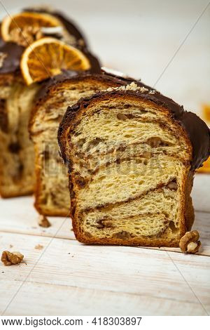 Panettone Is The Traditional Italian Dessert For Easter In 2021. Homemade Panettone Covered In Choco