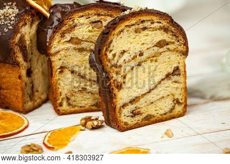 Panettone Is The Traditional Italian Dessert For Easter In 2021. Homemade Panettone Covered In Choco