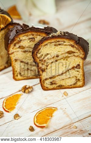Panettone Is The Traditional Italian Dessert For Easter In 2021. Homemade Panettone Covered In Choco