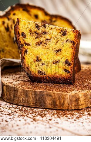 Panettone Is The Traditional Italian Dessert For Easter In 2021. Homemade Panettone Covered In Choco
