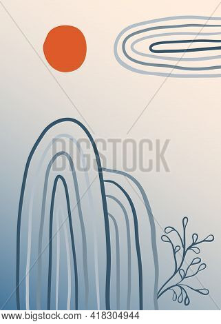 Abstract Modern Landscape With Sun, Mountain, Cloud And Branch. Minimalist Hand Drawn Background, Li