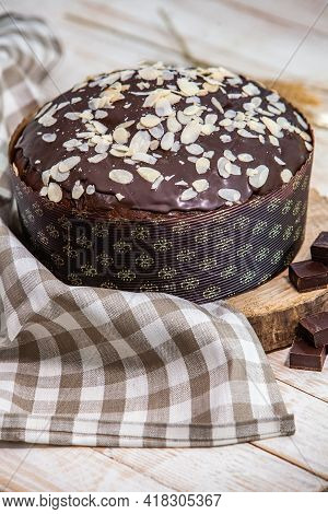 Panettone Is The Traditional Italian Dessert For Easter In 2021. Homemade Panettone Covered In Choco