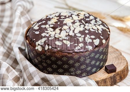 Panettone Is The Traditional Italian Dessert For Easter In 2021. Homemade Panettone Covered In Choco