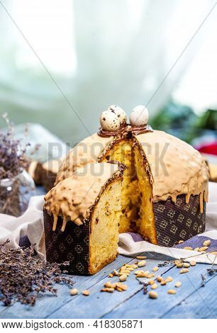 Panettone Is The Traditional Italian Dessert For Easter In 2021. Homemade Panettone Covered In Choco