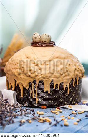 Panettone Is The Traditional Italian Dessert For Easter In 2021. Homemade Panettone Covered In Choco