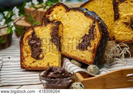 Panettone Is The Traditional Italian Dessert For Easter In 2021. Homemade Panettone Covered In Choco