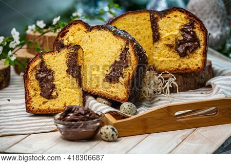 Panettone Is The Traditional Italian Dessert For Easter In 2021. Homemade Panettone Covered In Choco