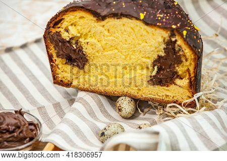 Panettone Is The Traditional Italian Dessert For Easter In 2021. Homemade Panettone Covered In Choco