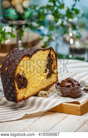Panettone Is The Traditional Italian Dessert For Easter In 2021. Homemade Panettone Covered In Choco