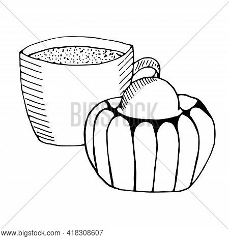 Brioche And A Cup Of Coffee Vector Illustration Hand Drawn Sketch