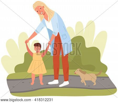 Mother Teaches Her Child To Walk. Baby Takes First Steps. Parent Spends Time With Child In Nature. M