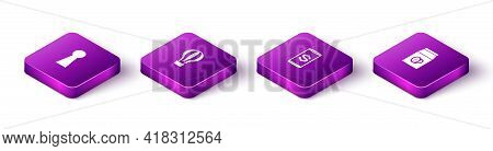 Set Isometric Keyhole, Hot Air Balloon, Smartphone With Dollar And Coffee Beans In Bag Icon. Vector