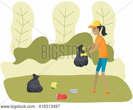 Female Character Cleans Up Garbage In Green Park. Maintaining Forest Clean From Garbage And Trash. W